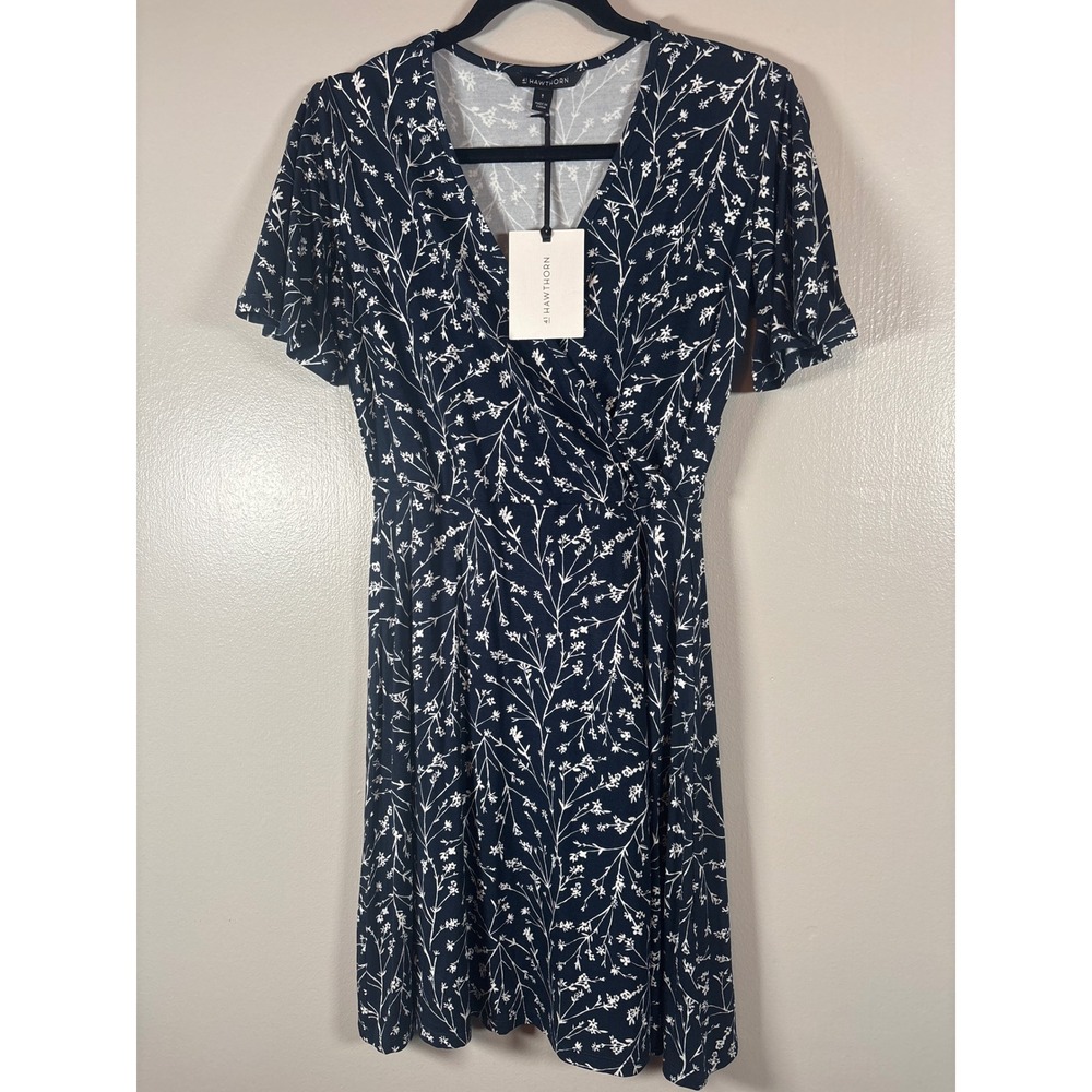 41 Hawthorn Womens Navy Blue Floral Wrap Dress Short‎ Sleeve Small WGK70451 NWT